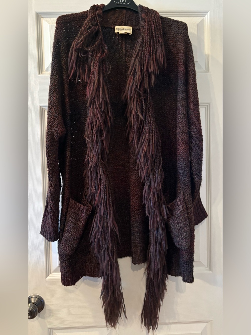 Denim & Supply Ralph Lauren Burgundy/Brown/Blue Fringe Open-Front Cardigan